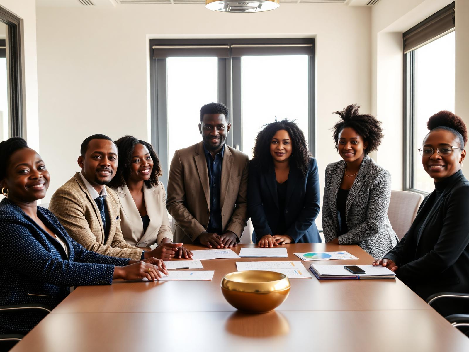 Diverse African executives collaborating in a modern boardroom
