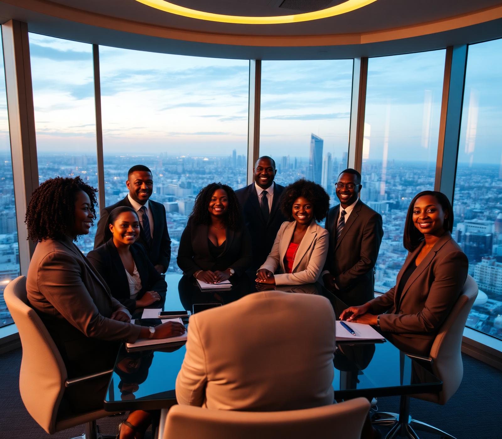 African business executives in a boardroom overlooking a city skyline