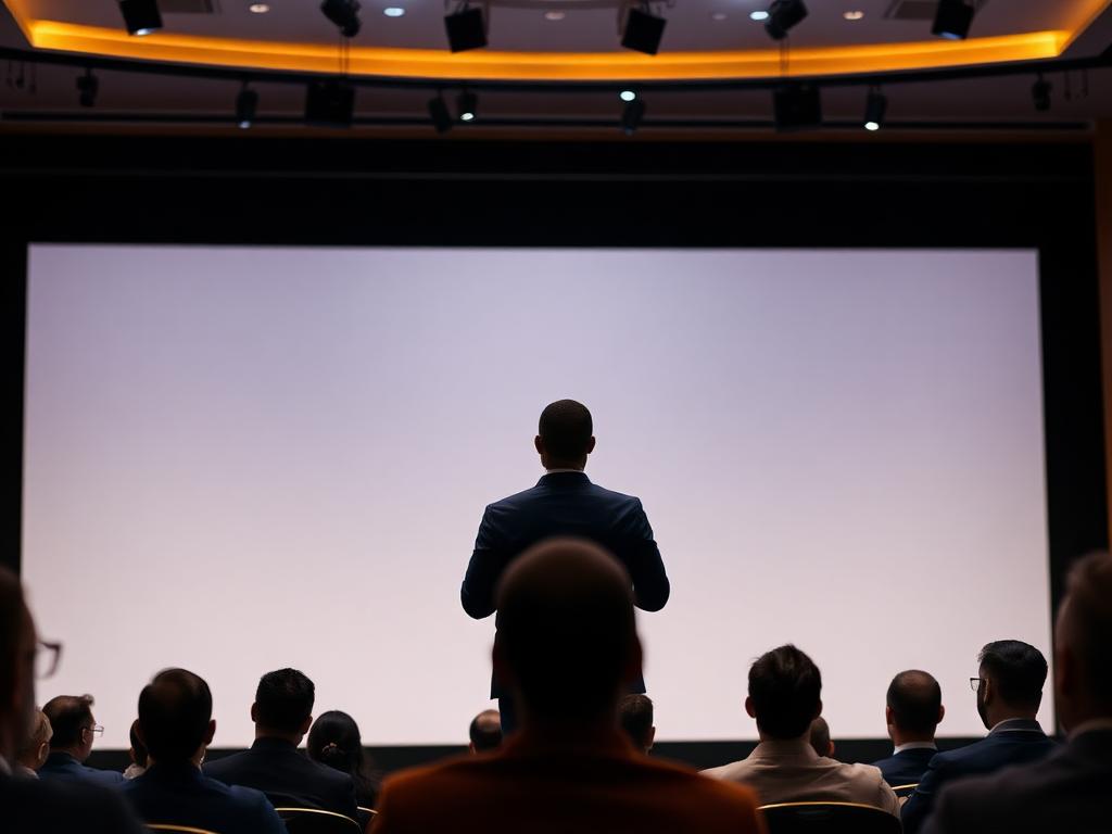 Business leader presenting on stage to an audience