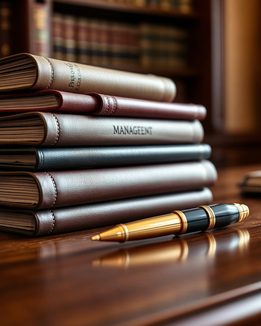Leather bound management journals with a gold fountain pen