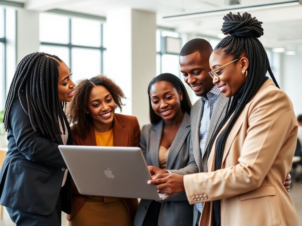 Diverse team collaborating around a laptop